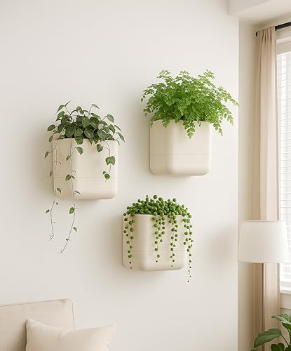 Phoenix Vine 6.5 Inch Wall Mounted Self-Watering Planter Pots for Indoor Houseplants and Herbs | Hanging Planter for Window Sills, Bathroom Walls, Home & Office Décor, Oatmeal, Set of 3, 01-C-G-3 - Image 6
