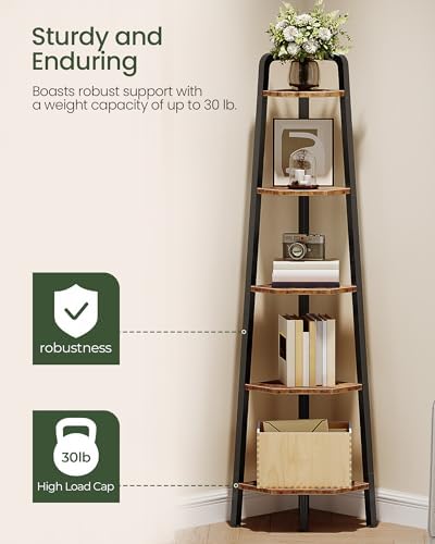CHOEZON Corner Shelf, 5-Tier Ladder Corner Shelf, Ladder Bookshelf, 59.6" Tall Vertical Display Stand, Metal Frame Bookshelf, for Living Room, Bedroom, Kitchen, Rustic Brown and Black TCJ20BF - Image 6