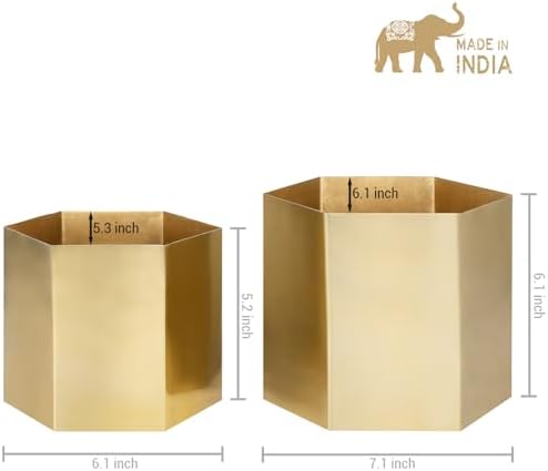 MyGift Metallic Brass Metal Hexagon Planter Pots Set of 2 Handmade in India - Image 2