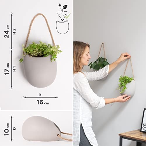 Kazai. Wall Planters -Ellie- | Hanging Ceramic Plant Pots 2 Pieces | Wall Decoration for Indoors, Balcony and Garden | Light Gray (Matte) - Image 4