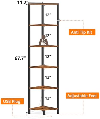 Furnulem 6 Tier Corner Shelf with LED Light, 67.5" Corner Narrow Bookshelf - Image 2