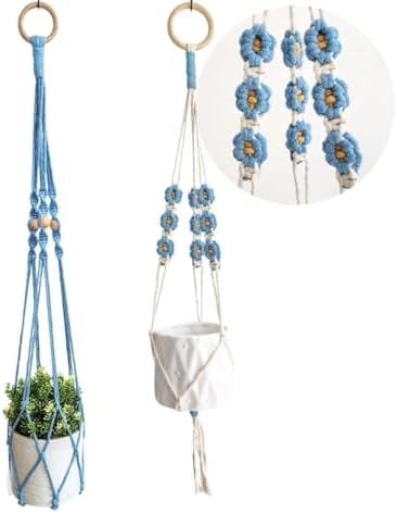 Set of 2 Macrame plant hanger with Daisies & Beads | Hanging plant holder Macrame Plant hangers outdoor and indoor hanging planters Plant stand indoor Boho Decor hanging planter stand (Cloudy Day) by HandmadeByUruba