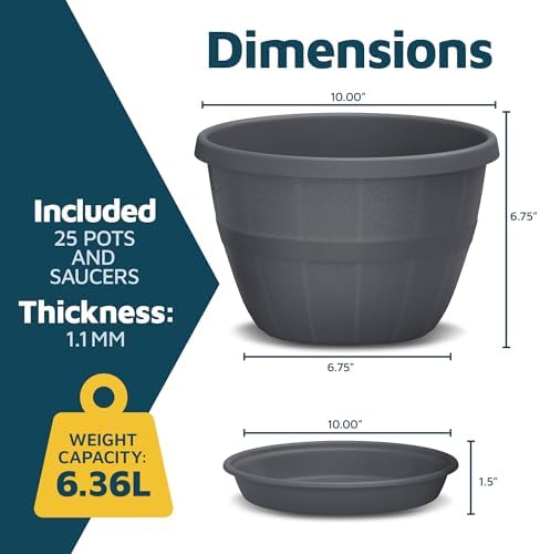 10-Inch Whiskey Barrel Planters Outdoor Pack of 25 - Durable Plastic Plant Pots for Indoor & Outdoor Use with Drainage & Saucer, Lightweight Rustic Barrel Planters for Flowers, Herbs & Small Plants - Image 2
