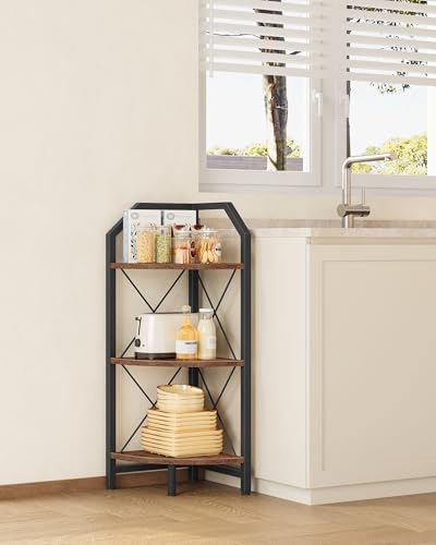 CHOEZON 3-Tier Corner Shelf, Industrial Corner Bookshelf, 35.4" Storage Stand, Plant Stand Display Shelf, Bookcase for Bedroom, Living Room, Home Office, Rustic Brown and Black TCJ03BF by Choezon