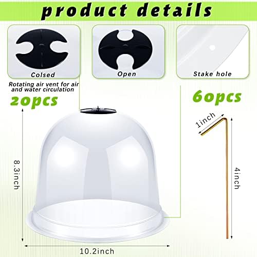 20 Pack Garden Cloche Plant Dome 10.2" D x 8.3" H Plant Cover Plastic Humidity Dome Reusable Protector Mini Greenhouse Plastic Bell Cover with 60 Ground Securing Pegs for Outdoors - Image 2