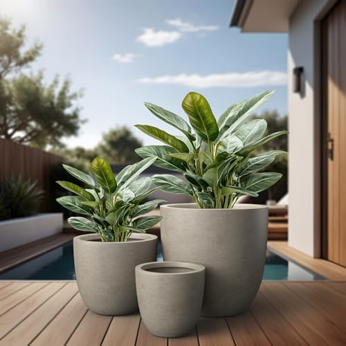 Kante Round Concrete Planter Set of 3, Large Outdoor Indoor Plant Pots with Drainage Hole, 10/14/18-Inch Diameter Flower Pots for Patio, Garden and Home, Weathered Concrete - Image 6