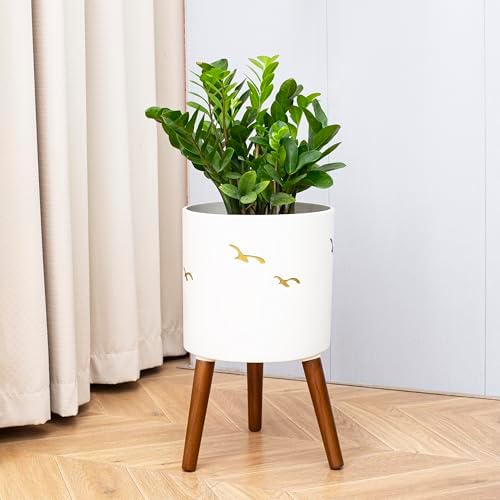 12 Inch Planter,Plant Pot with Stand for Indoor Plants,Large Modern Plant Pots with a Dove Pattern Indoor Outdoor with Drainage for Home Garden Patio,White and Gold - Image 5
