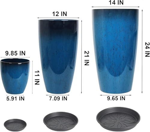 24,21,11 Inch Large Plastic Planters with Drainage Hole and Saucer - Set of 3 Tall Plant Pots Indoor Flower Pot Tall Round Planters Outdoor Large Tall Planter - Image 6