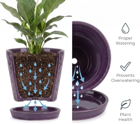 EFISPSS Ceramic Plant Pots, 5 Inch Planters with Drainage Holes and Ceramic Tray, Relief Design Flower Planter, Desktop Office Windowsill Decoration Gift Set of 4 - Purple - Image 4