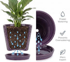 EFISPSS Ceramic Plant Pots, 5 Inch Planters with Drainage Holes and Ceramic Tray, Relief Design Flower Planter, Desktop Office Windowsill Decoration Gift Set of 4 - Purple - Image 4