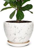 11 Inch Ceramic Plant Pot with Drainage Hole Mesh Net, Large Gardening Pots for Indoor Plants with Saucer, White Silk by Unknown