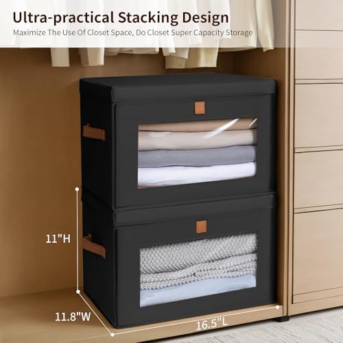 Homsorout Collapsible Storage Bins - Large Stackable Organizer Bins, Decorative Boxes with Handles & Window, Fabric Containers for Living Room, Closet, Dorm, 6 Pack, Black - Image 3