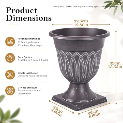 Tall Plastic Urn Planters for Outdoor Plants, 12.8" Wx15.4 H, 2Pcs - Image 2