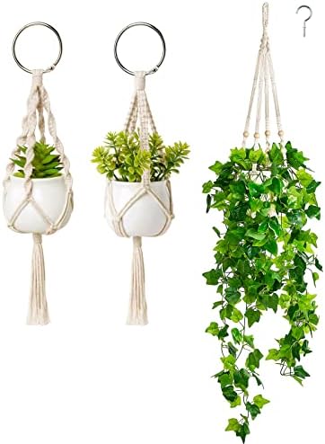 Dahey Mini Macrame Plant Car Accessories Rear View Mirrior Charm Cute Hanging Rearview Car Decor Hanging Fake Plant Artificial Decor Macrame Plant Hanger with Artificial Vines by Dahey