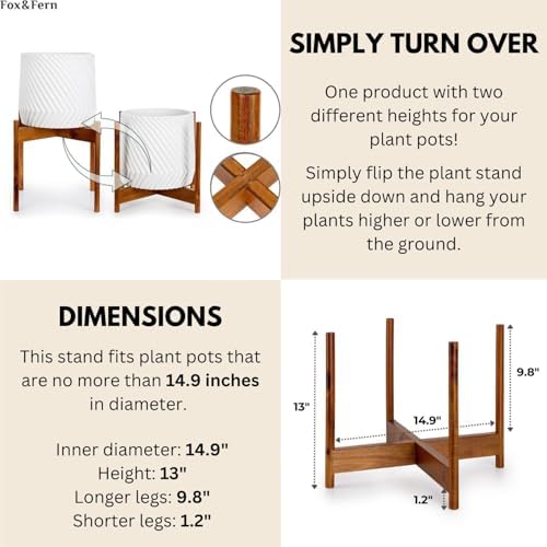 Fox & Fern Mid Century Plant Stands for Indoor Planters, Acacia, 14.9 Inch - Image 6