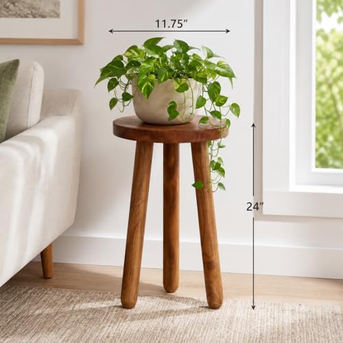 Teak Wood Plant Stand, 24" Round Side Table, Wood Accent Table - Image 3