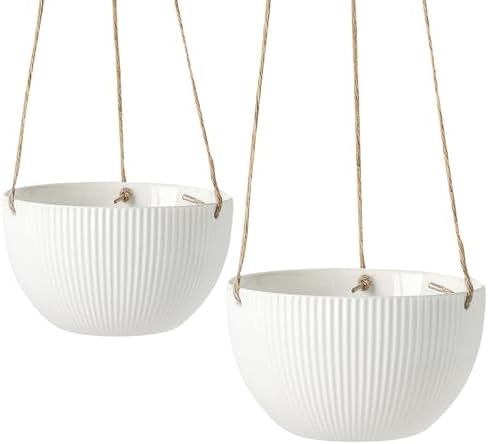 UBEE Ceramic Hanging Planters Indoor Outdoor, 7.5 Inch + 6.5 Inch Hanging Flower Pot for Plants Hanging Basket for Succulent Pothos Herbs Window Home Decor, 2 Pack, White by Unknown
