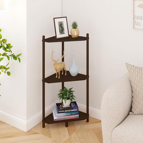 Wisuce Brown Small Corner Shelf Stand, 3-Tier Bamboo Corner Bookshelf by Wisuce