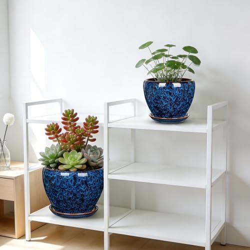 Hollyone 9inch Ceramic Planter Blue Ceramic Plant Pot for Plants Flowers with Drainage Hole and Saucers Ceramic Glaze Round Flower Plant Pot for Indoor Outdoor Large Round Succulent Orchid Flower Pot - Image 6
