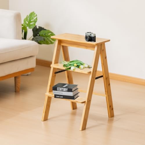 Latifolia Foldable 3 Step Ladder, Bamboo Step Stool with Floor Saver, Decorative Ladder Shelf for Living Room, Kitchen, Garden(Nature) by Latifolia