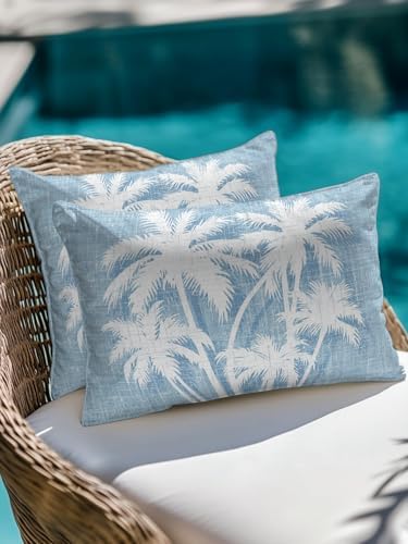 Tropical Palm Tree 12x20 Waterproof Outdoor Lumbar Pillow with Insert, Vintage Light Blue Exotic Botanical Plants Patio Cushion Pillows for Outdoor Sofa Bench Porch Balcony Furniture, 1 Pack - Image 4