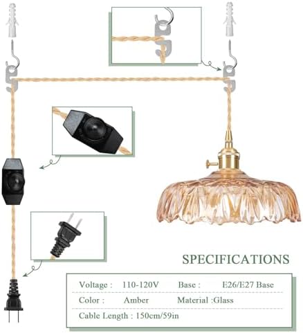 Plug in Pendant Light Fixtures,Amber Glass Lampshade Pendant Lighting 9.4in E26 Hanging Light FixtureCorded On/Off Switch for Kitchen Island, Bedroom, Dining Room - Image 4