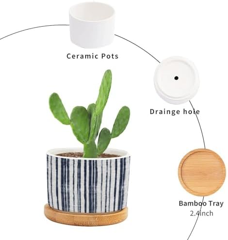 Blue French Ticking Stripes Planters Ceramic Feather Ticking Pattern Round Plant Pots with Drainage Holes and Bamboo Tray Pot for Home Desktop Office Windowsill - Image 3