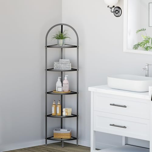Homhedy 5-Tier Glass Corner Shelf Stand, Metal Corner Bookshelf - Image 5