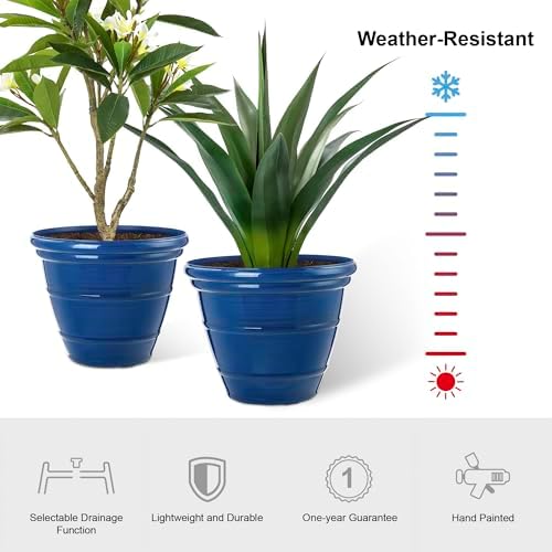 Glitzhome 15.5" D Large Flower Pots, Set of 2 Large Planters for Outdoor Plants with Drainage Holes, Cobalt Blue Faux Ceramic Finish, Plastic Tall Flower Pots for Garden, Patio, Porch or Indoor Use - Image 4