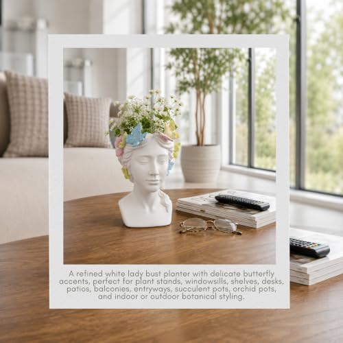 Planter and Flower Pot for Home Decor – Whimsical Plant Pot for Indoor or Outdoor Use with Butterfly and Face Sculpture – Modern Indoor Plant Stand Ideal for Garden and Patio Accent – 11" White - Image 3