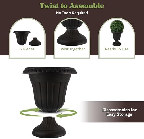 Pure Garden Outdoor Planter 2-Pack - Large and Small Urn Planters - Plastic Plant Pots for Indoor, Outdoor, or Front Porch Decor (Black) - Image 6