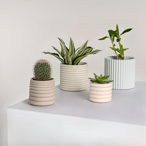 JONATHAN Y Silas Modern Minimalist Handmade Concrete Fluted Sculptural Cylinder Planter Set with Drainage Holes, Matte Soft Neutral (Set of 4) (PLN1000A-4SET) - Image 5