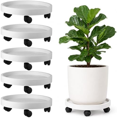 5 Pack 12 Inch Plant Caddy with Wheels Rolling Plant Stand with Casters Plant Dolly Coasters Heavy Duty Large Potted Plant Mover Roller Base for Indoor Outdoor, White by Planterhoma
