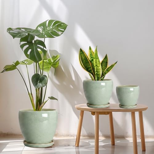 Ceramic 10/8/6 Inch Plant Pots, Ceramic Planter, Retro Green - Image 2