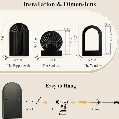 TBWIND Black Wooden Wall Vases Set of 3, Wall Planters with Glass Tube Kit - Image 2