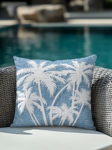 Throw Pillow 18x18 Inch, Tropical Palm Tree Waterproof Outdoor Pillow Covers for Patio with Insert, Vintage Sky Blue Exotic Botanical Plants Decorative Pillowcase Cushion for Couch, Sofa, Bed, Garden - Image 4