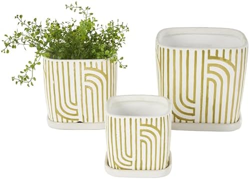 Deco 79 Ceramic Indoor Outdoor Planter Small Planter Pot with Overlapping Green Arches and Attached Saucer, Set of 3 Planters 7',6',5'H, White by Unknown