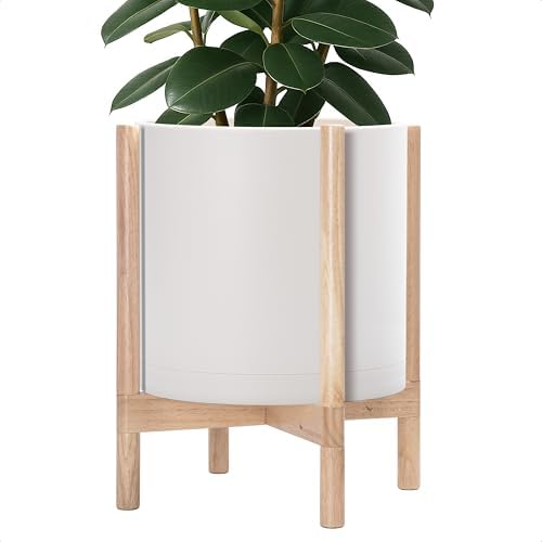 D'vine Dev Plastic Pot with Natural Wood Stand, Oatmeal, 14 in, 55-C-S-4 by DvineDevPlanterPotsandStand