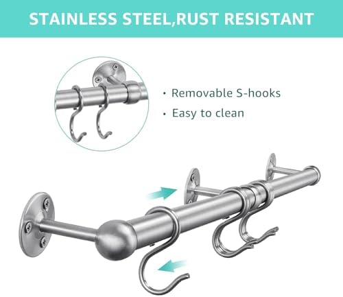 ROTHLEY Stainless Steel Hanging Pot Rack Hanger: 23.7 Inch Pot and Pan Hanger Wall Mounted Hanging Pot Bar Rack Heavy Duty Pot Hangers Kitchen Rail with 8 S Hooks (Brushed) - Image 3