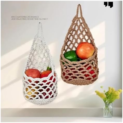 Macrame Plant Hanger 4pcs Portable Fruit Net Bag Eco-Friendly Pantry Organizer Storage Kitchen Home Hanging Basket Use(Coffee) - Image 3
