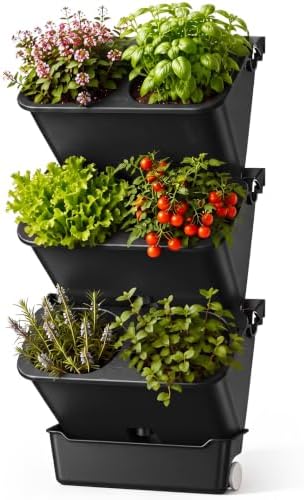 Briwooody 3 Set 6 Pocket Vertical Stackable Wall Planters Kit Outdoor Self Watering Plastic Planter Grow Hang Mount System for Strawberry Flower Vegetable Home Fence Balcony Wall Decor by Briwooody