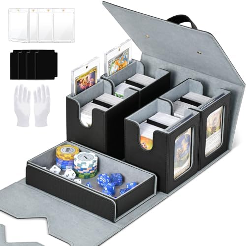 Commander Deck Box for MTG, Trading Card Storage Box Holds 400+ Double-Sleeved Cards, 5 IN 1 Removable Card Case with Dice Tray, Display Window with Magnetic Card Holders for TCG/CCG (Black Grey) by CardStorageBoxformtg