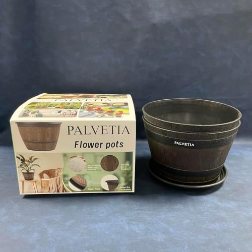 8 Inch Whiskey Barrel Planter with Saucer and Drainage Hole, Lightweight Plastic Flower Pot for Indoor Outdoor Use by Unknown