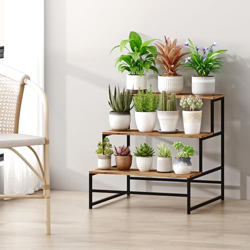 23.6" Wide Plant Stand Indoor, 3-Tier Modern Plant Ladder Shelf Corner Flower Pot Holder Organizer for Living Room Balcony Garden, Rustic Brown - Image 5