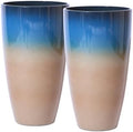 Tall Planters for Outdoor Plants, Heavy-Duty Plastic Lightweight Flower Pots Blue to Khaki Gradient Garden Pots Porch Planters Outdoor Set of 2 Gifts for Plant Lovers by SESUN-E
