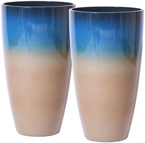 Tall Planters for Outdoor Plants, Heavy-Duty Plastic Lightweight Flower Pots Blue to Khaki Gradient Garden Pots Porch Planters Outdoor Set of 2 Gifts for Plant Lovers by SESUN-E