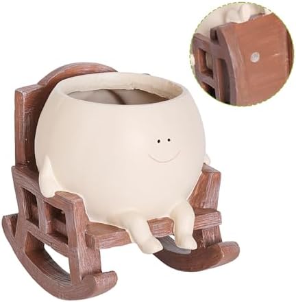 Smily Face Planter Pot Cute Resin Flower Head Planters for Indoor Outdoor Plants Unique Sitting Rocking Chairs Succulent Pots for String of Pearls Plant Live Gift Ideals with Drainage Hole - Image 3