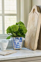 Gold Plant Pot, Blue White Enamel Square Cachepot Indoor, 4In - Image 3