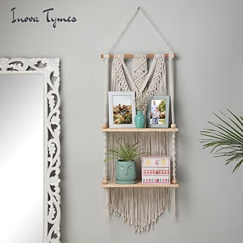 Macrame Wall Hanging Shelf - Boho Shelves Bedroom Decor | Macrame Wall Decor for Kitchen, Plant Hanger Shelves, Woven Rope Floating Shelves & Home Storage Organizer - 2 Tier - Image 7