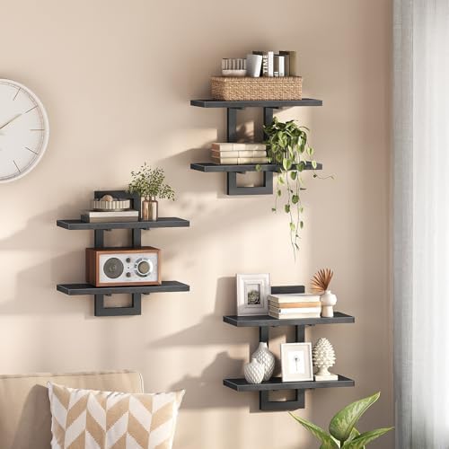 HOOBRO Floating Shelves, 15 Inch Wall Shelf Set of 3, Wall Mounted Storage Shelves 2-Tier, Hanging Bathroom Shelves, for Living Room, Bedroom, Bathroom, Kitchen, Black BK32BJP301 by HOOBRO